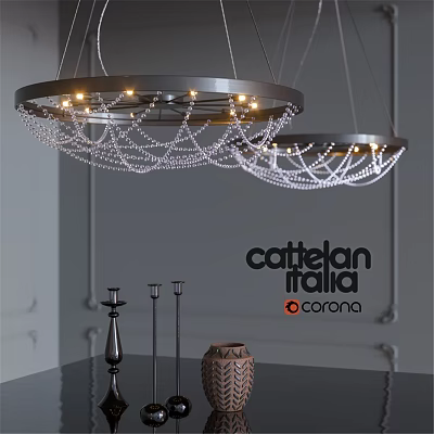 Elegant Double Chandelier With Crystal Beads And Metal Ring Frame Lighting 3d model