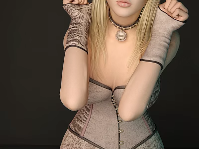 Blonde Woman With Long Hair Wearing Patterned Corset And Long Gloves With Pendant Necklace 3d model