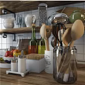 Stylish Kitchen Utensils Arranged On Shelves With Spoons Whisks Graters Teapots Jars And Bottles