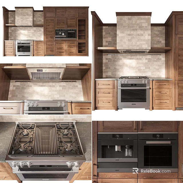 Modern Kitchen Design With Wooden Cabinets Oven Range Hood And Tile Backsplash 3d model 