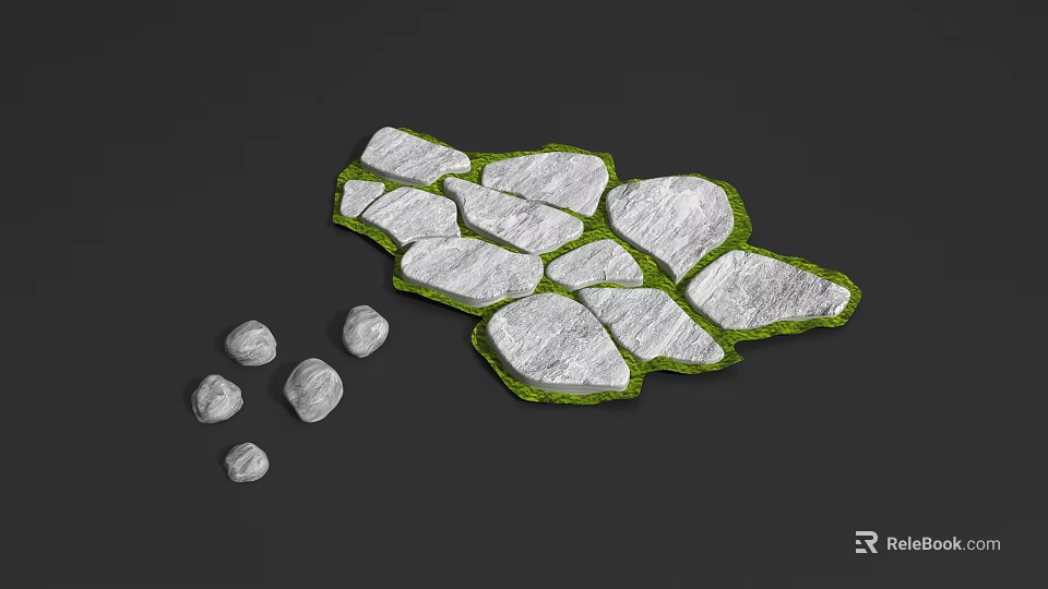 Natural Stone And Wood Path Design With Green Grass And Loose Stones 3d model 
