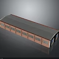 Red Brick Long Single Story Building With Gray Roof Blue Door And Windows