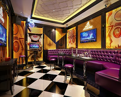 KTV Luxurious Interior With Purple Leather Sofas Black And White Checkered Floor And TV Screen 3d model