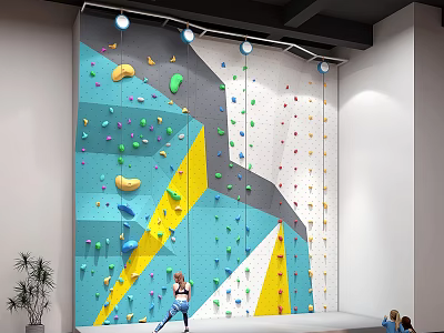 Colorful Indoor Climbing Wall With Bright Holds Person Climbing And People Watching 3d model