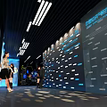 Modern High Tech Exhibition Hall With Screens Reception Desk And Lighting Design