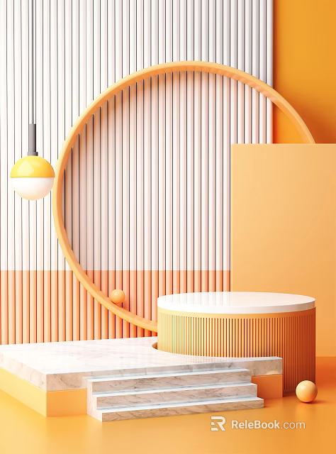Modern Display Shelf With Circular Design Orange White Stripes And Round Platform 3d model 