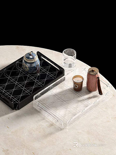 Modern Tea Set with Black and Transparent Trays Geometric Design on Marble Table 3d model 