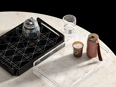 Modern Tea Set with Black and Transparent Trays Geometric Design on Marble Table 3d model