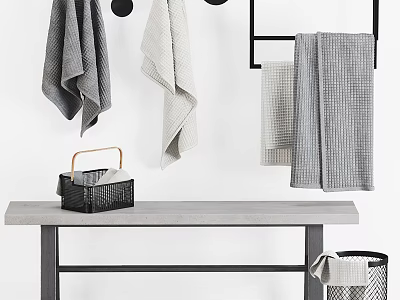 Modern Gray And White Checkered Towels Hanging On Wall Rack With Table Storage Basket 3d model