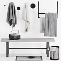 Modern Gray And White Checkered Towels Hanging On Wall Rack With Table Storage Basket