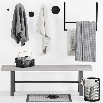 Modern Gray And White Checkered Towels Hanging On Wall Rack With Table Storage Basket 3d model