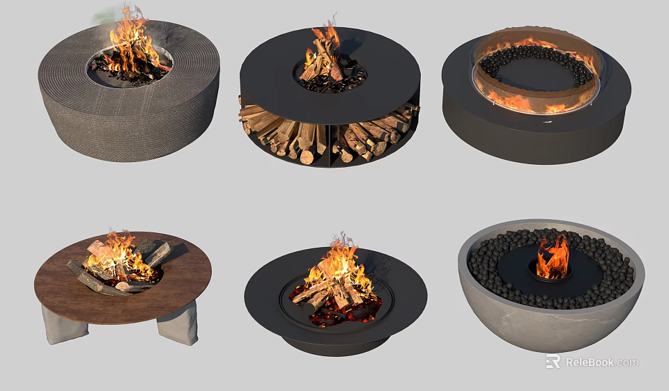 Various Outdoor Fire Pits Featuring Different Designs Wood Logs And Burning Flames 3d model