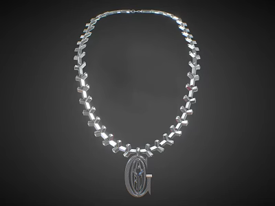 Stylish Silver Necklace With Geometric Chain And Oval Shaped Pendant 3d model