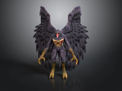 Mythical Winged Beast With Large Dark Feathers Humanoid Body Yellow Claws And Red Face 3d model