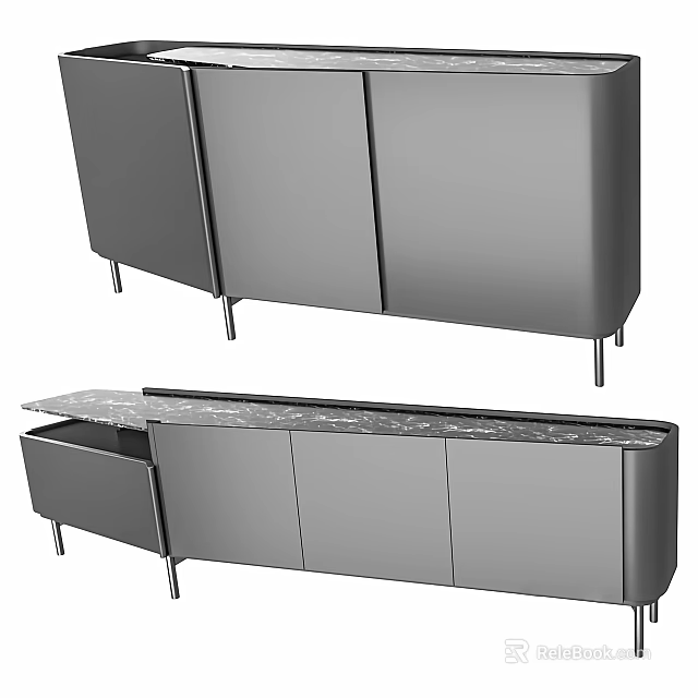 Modern TV Stand With Marble Top Storage Cabinets And Metal Legs 3d model 