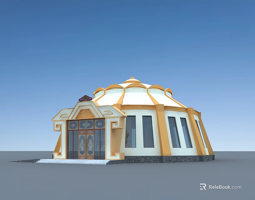 Traditional White and Yellow Dome Building With Arched Door and Windows 3d model 