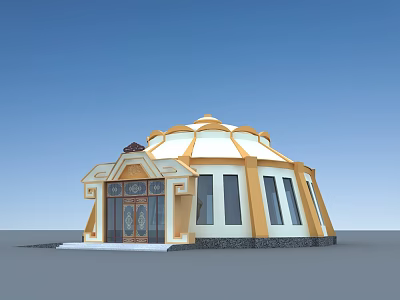 Traditional White and Yellow Dome Building With Arched Door and Windows 3d model