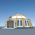 Traditional White and Yellow Dome Building With Arched Door and Windows