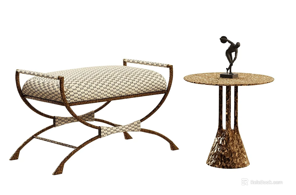 Functional Round Table With Woven Legs Metal Frame And Matching Stool With Textured Cushion 3d model 