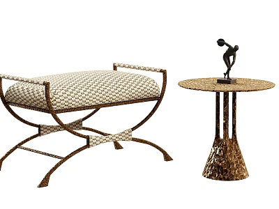 Functional Round Table With Woven Legs Metal Frame And Matching Stool With Textured Cushion 3d model