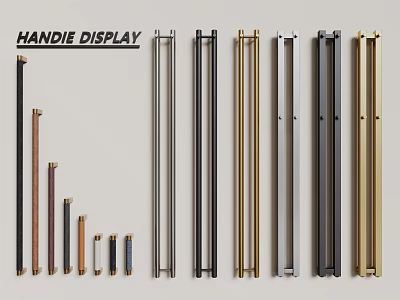 Handie Display Featuring Various Modern Metal Handles In Different Sizes And Finishes 3d model
