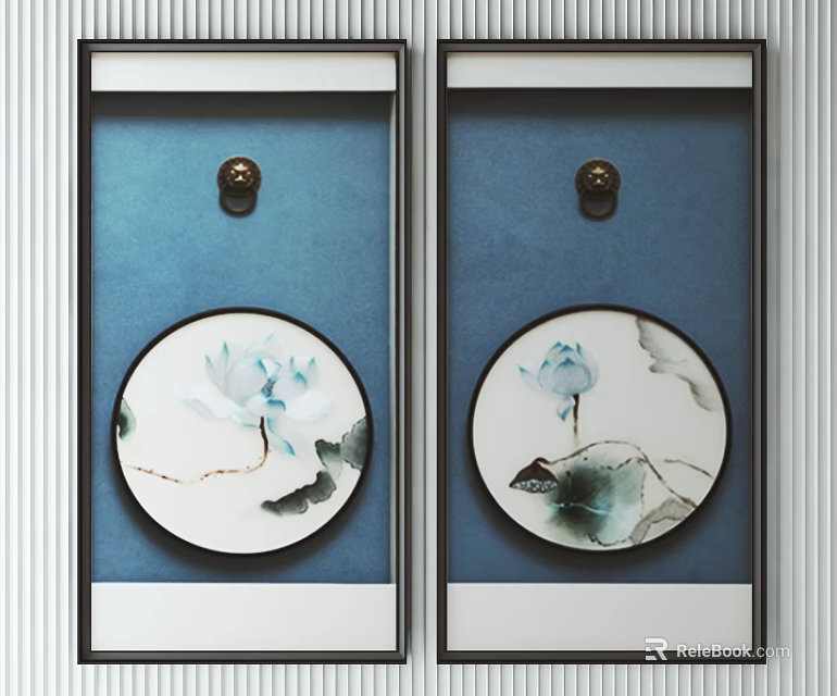 Decorative Paintings With Circular Ink Lotus On Blue Background And Black White Frames With Hooks 3d model