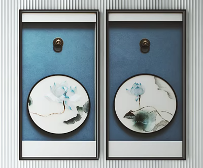 Decorative Paintings With Circular Ink Lotus On Blue Background And Black White Frames With Hooks 3d model
