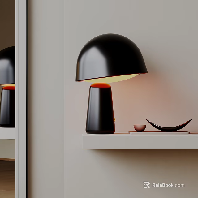 Black Dome Table Lamp With Warm Light On White Shelf And Decor 3d model 