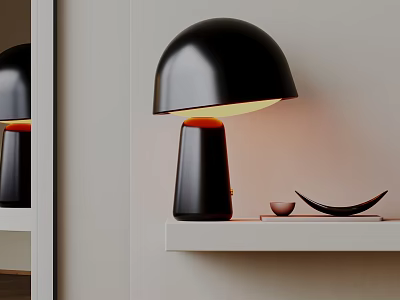 Black Dome Table Lamp With Warm Light On White Shelf And Decor 3d model