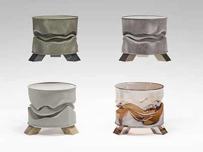 Four Modern Stools With Wave Patterns And Geometric Bases In Various Materials 3d model