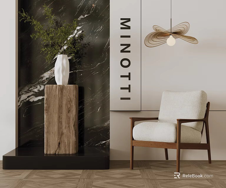 Stylish Leisure Chair With Wooden Frame White Cushion Marble Background Green Plant And Hanging Lamp 3d model 