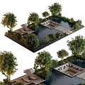 Modern Water Fountain Landscape With Lush Trees Stone Pathway Seating Area And Lighting