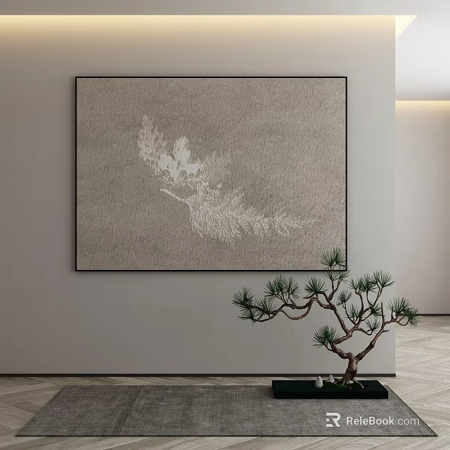 Modern Interior With Gray Wall Decorative Painting And Potted Pine Tree 3d model