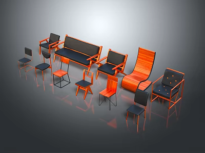 Stylish Modern Leisure Chairs With Wooden Frames Various Designs And Colorful Cushions 3d model