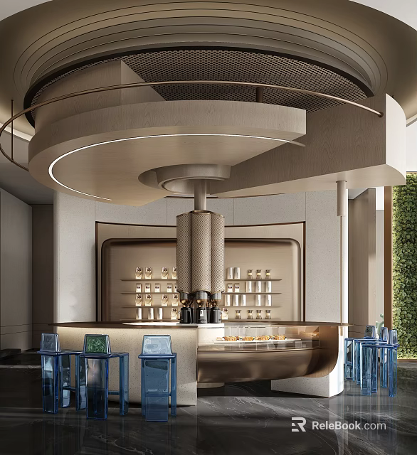 Sales Office Interior With Circular Pendant Light Bar Counter Blue Chairs Shelves And Green Plants 3d model 