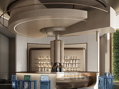 Sales Office Interior With Circular Pendant Light Bar Counter Blue Chairs Shelves And Green Plants 3d model