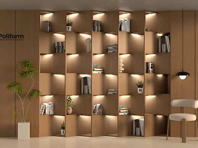 Modern Wooden Bookshelf With Illuminated Shelves Books Potted Plants And Decorative Items 3d model
