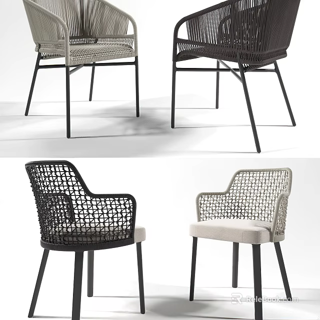 Modern Outdoor Rattan Chair With Comfortable Beige Seat And Black Metal Legs Design 3d model 