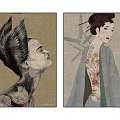 Art Illustrations of Women with Floral Tattoos Feather Hair Kimono and Bamboo