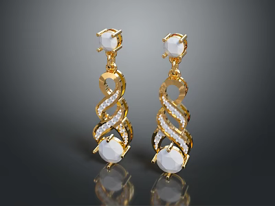 Luxury Golden Earrings Crafted With White Gemstone And Diamond Spiral Design 3d model