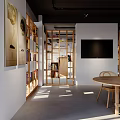 Modern Conference Room with Round Wooden Table Chairs Bookshelves with Books and Windows