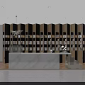 Modern Showroom Display Shelves With Wooden Grid Design And Marble Countertop Interior