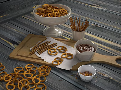 Fresh Pretzels And Pretzel Sticks On Wooden Board With Dip Bowl 3d model