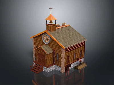Wooden Church Building With Cross On Bell Tower Clock Stone Base Steps And Sloped Roof 3d model
