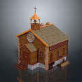 Wooden Church Building With Cross On Bell Tower Clock Stone Base Steps And Sloped Roof