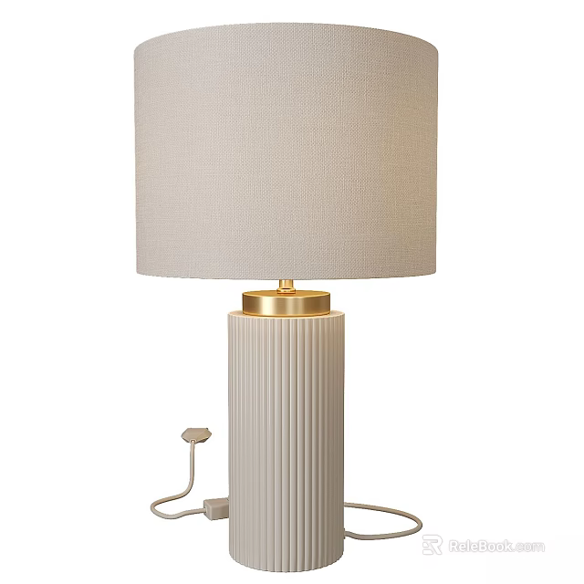 Stylish Modern Table Lamp With Beige Linen Shade White Ribbed Ceramic Base And Golden Accent 3d model 
