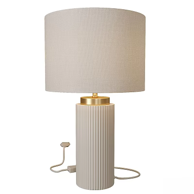 Stylish Modern Table Lamp With Beige Linen Shade White Ribbed Ceramic Base And Golden Accent 3d model