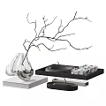Elegant Decorative Ornament Set With Clear Glass Vase Dried Branches Black Tray And Ceramic Bowls