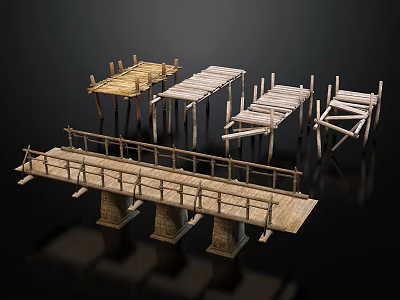 Wooden Bridge Scene Components with Diverse Designs Railings and Timber Piers 3d model