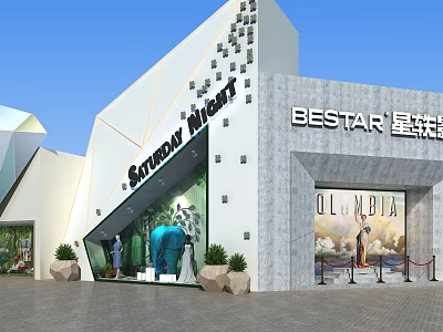 Sunday Night BESTAR Shop Window With COLUMBIA Clothing Displays And Mannequins 3d model